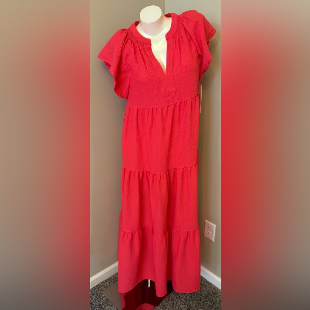 NWT Calvin Klein Sz 6 Tiered Gauze Midi Dress tie waist flutter sleeve 💕👗